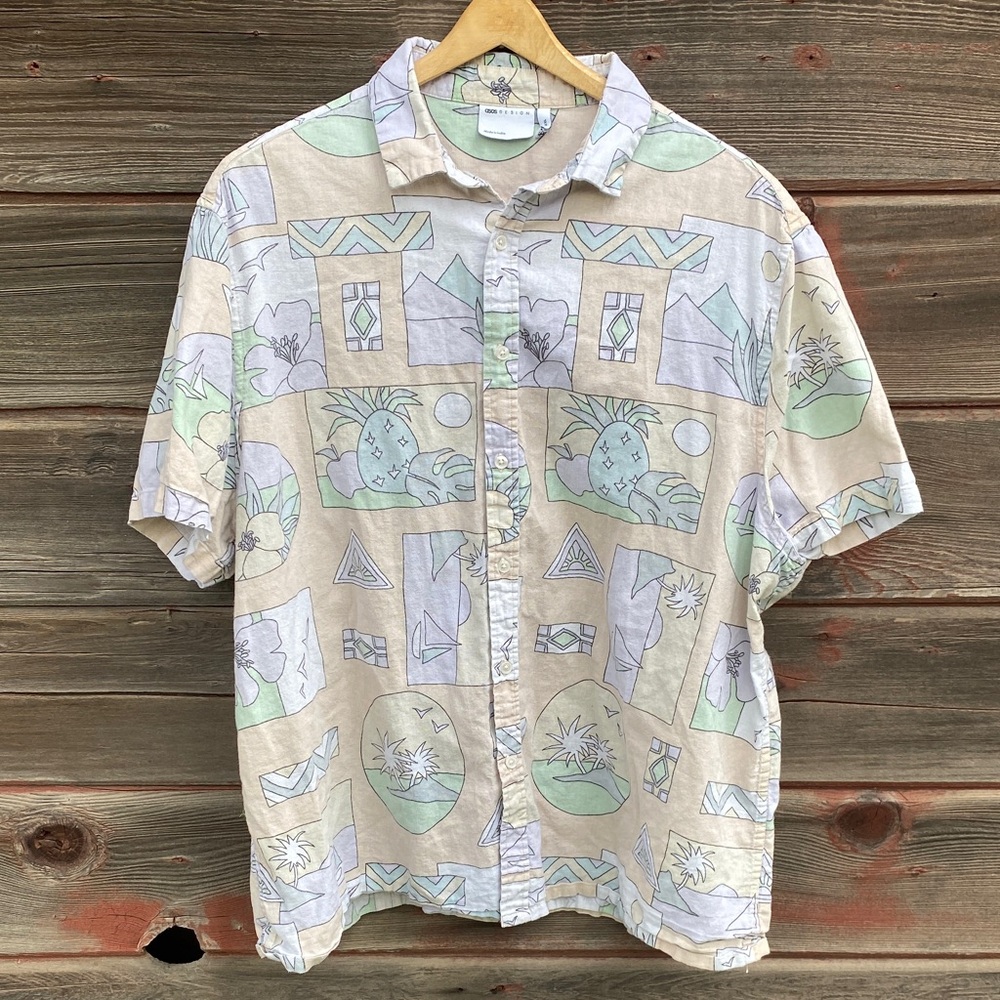 asos Design Men’s Linen Cotton Bland Button Down T Shirt Neutral Colors Size 2XL